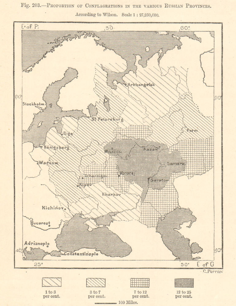 Russia. % of properties destroyed by fire annually. Wilson. Sketch map 1885